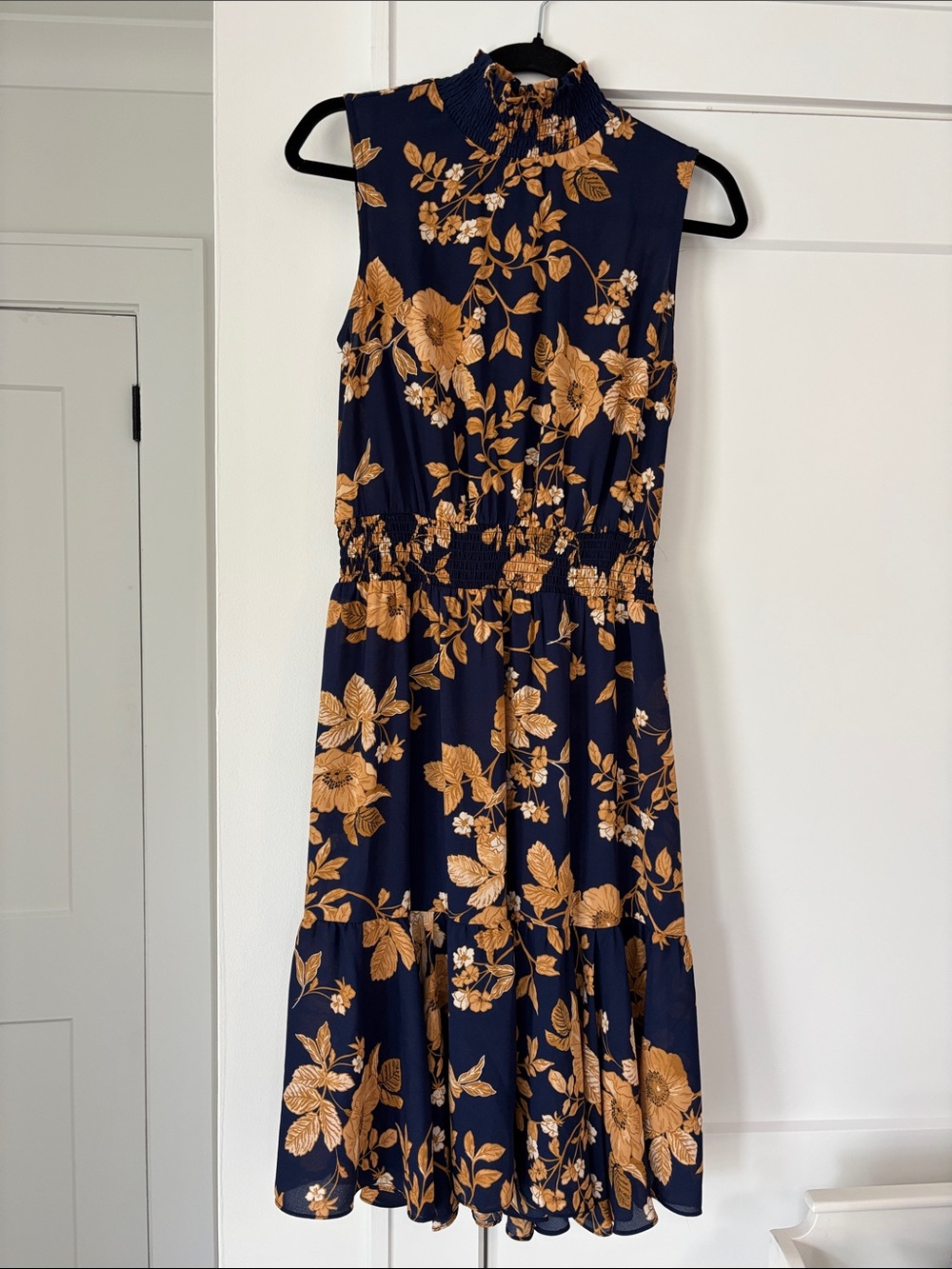 Nanette Lepore Navy and Gold/Tan Floral Mock-Neck Midi Dress